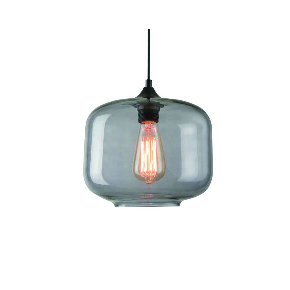 Suspension en verre gris fumé avec ampoule Edison allumée, vue de face sur fond blanc.