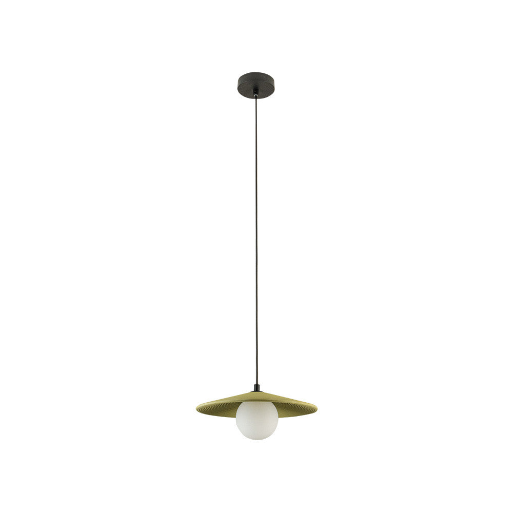Suspension verte olive sur fond blanc, abat-jour plat et globe blanc
