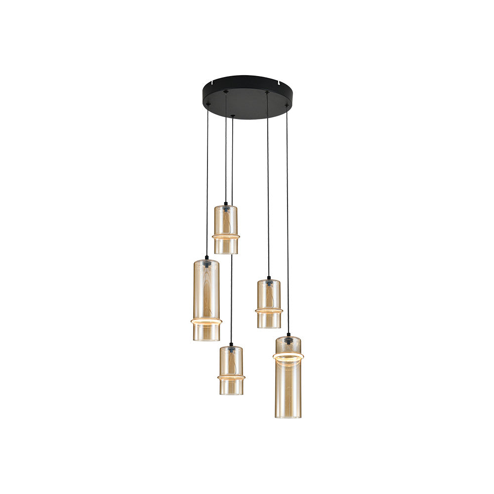 Suspension à cinq cylindres de verre ambré suspendus à un support noir.