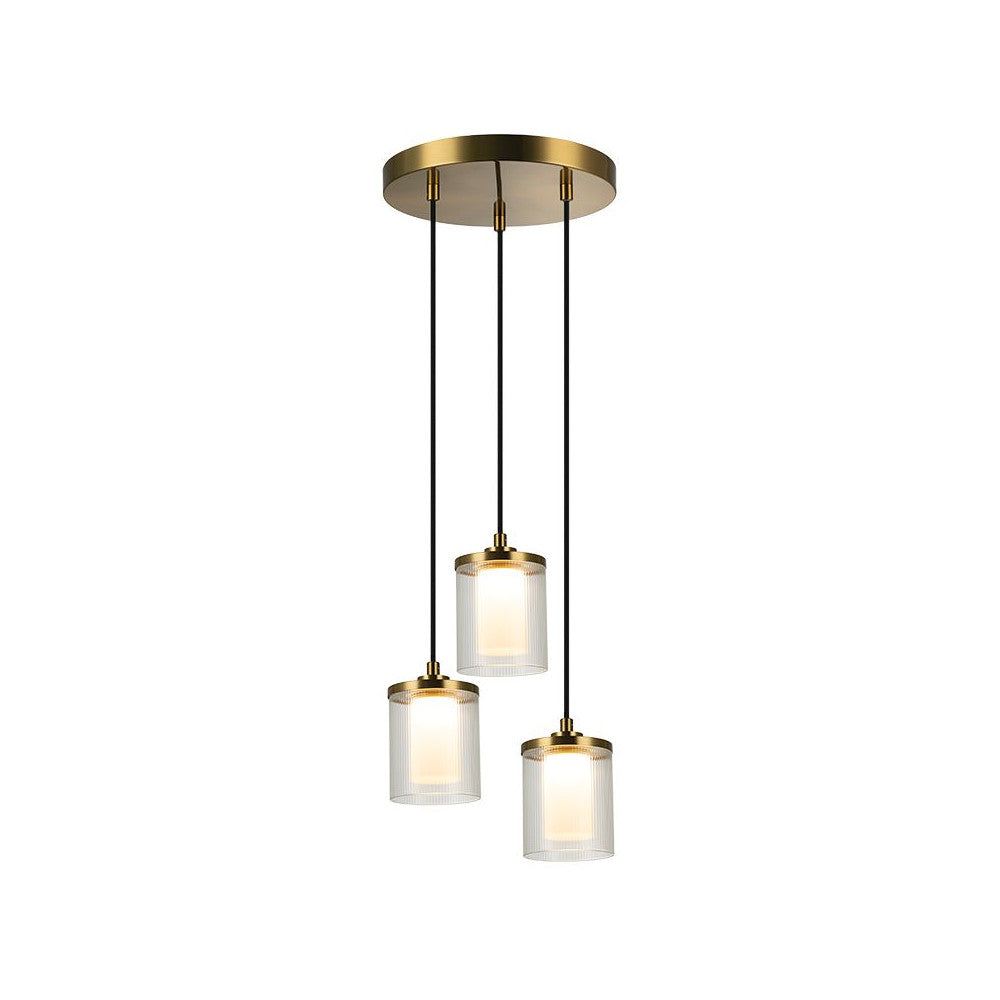 Produit de face sur fond blanc, trois suspensions cylindriques en verre strié et laiton doré