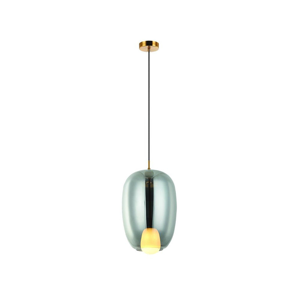 Suspension seule sur fond blanc, verre fumé oblong et ampoule interne allumée.