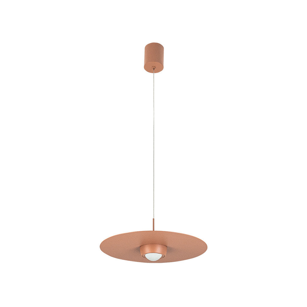 Suspension complète vue de face, rosace cylindrique, câble fin et large disque terracotta