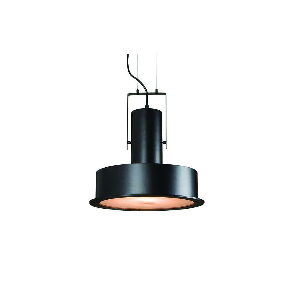 Suspension noire mate cylindrique présentée de face sur fond blanc, avec câble et rosace.