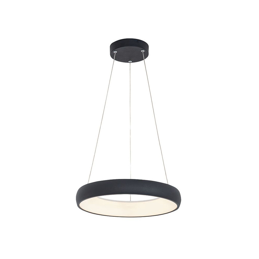 Suspension noire vue de face avec trois câbles et diffuseur blanc circulaire