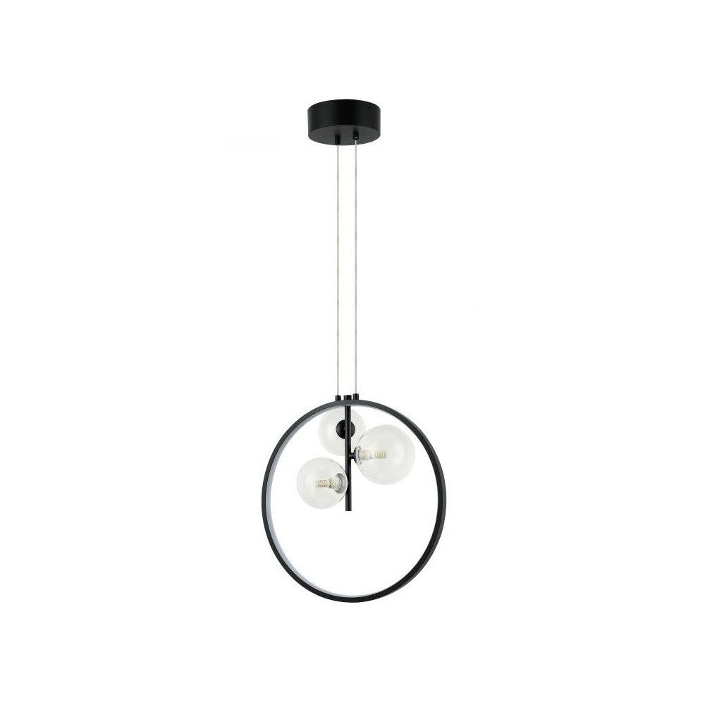 Vue de face du luminaire suspendu, anneau noir et globes de verre opale.