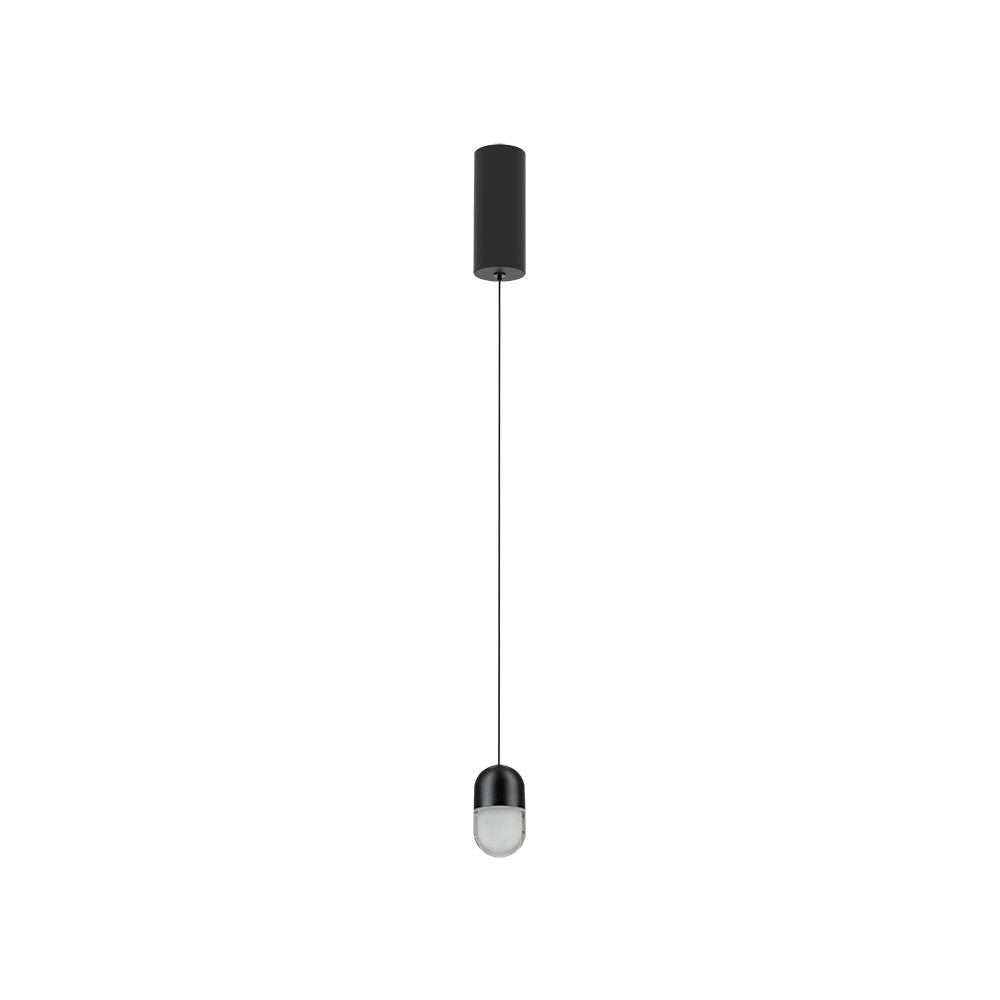 Suspension noire vue de face, câble fin et rosace cylindrique sur fond blanc.