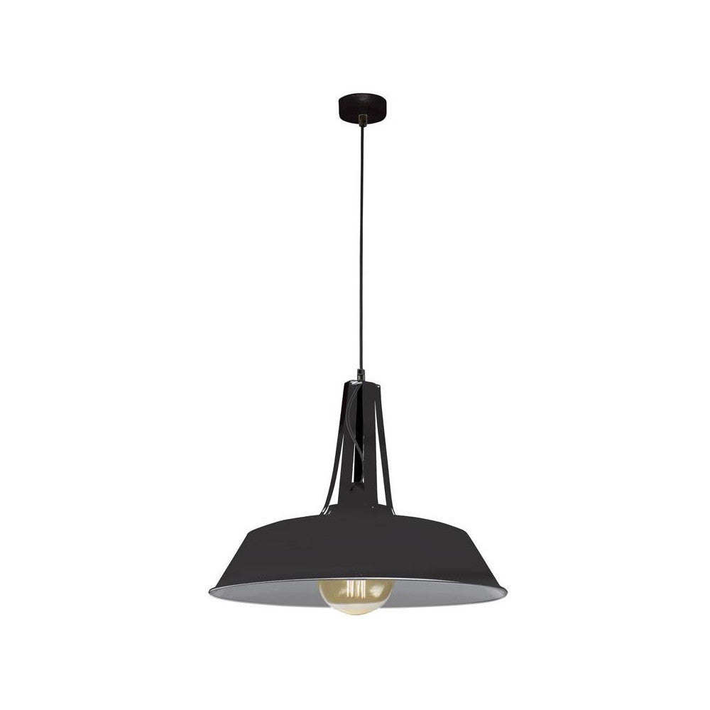 Vue produit de la suspension noire mate, abat-jour large et ampoule visible.