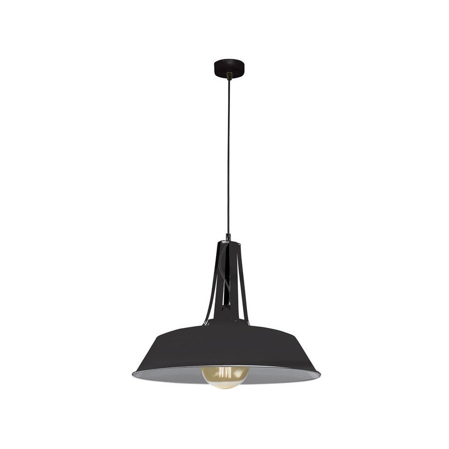 Vue produit de la suspension noire mate, abat-jour large et ampoule visible.