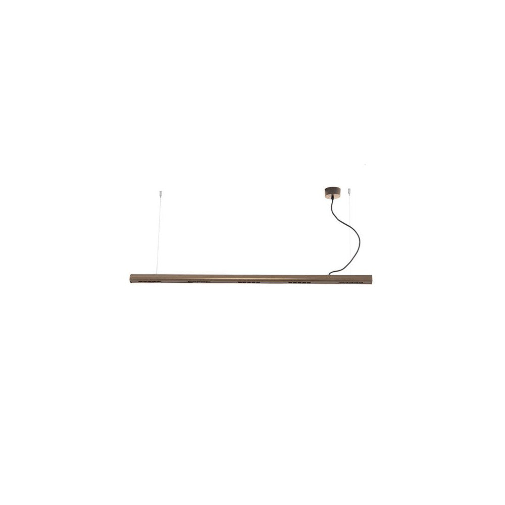 Suspension linéaire vue de face sur fond blanc, barre fine bronze horizontale