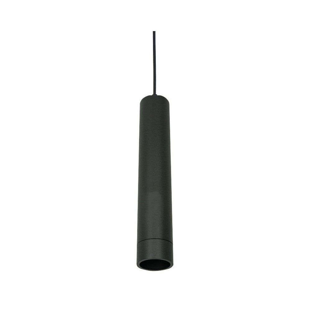 Suspension cylindrique noire mate sur fond blanc, vue de face avec câble fin.