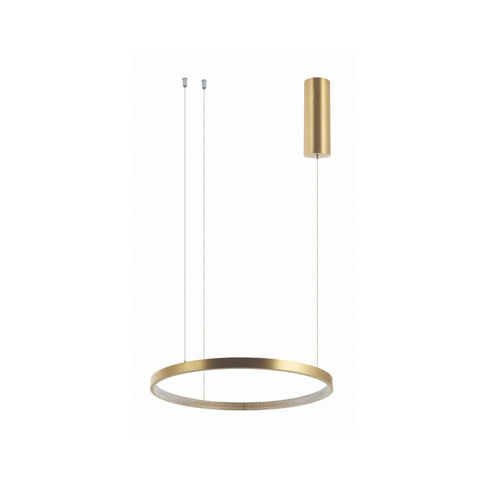 Suspension annulaire dorée vue de face avec câbles et pavillon cylindrique