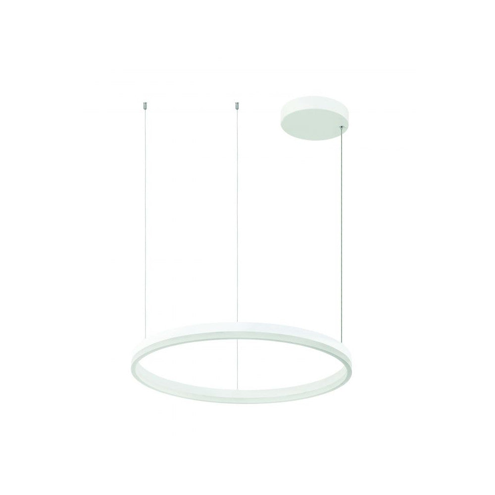 Suspension anneau blanc mat de face, trois câbles fins et rosace plafond