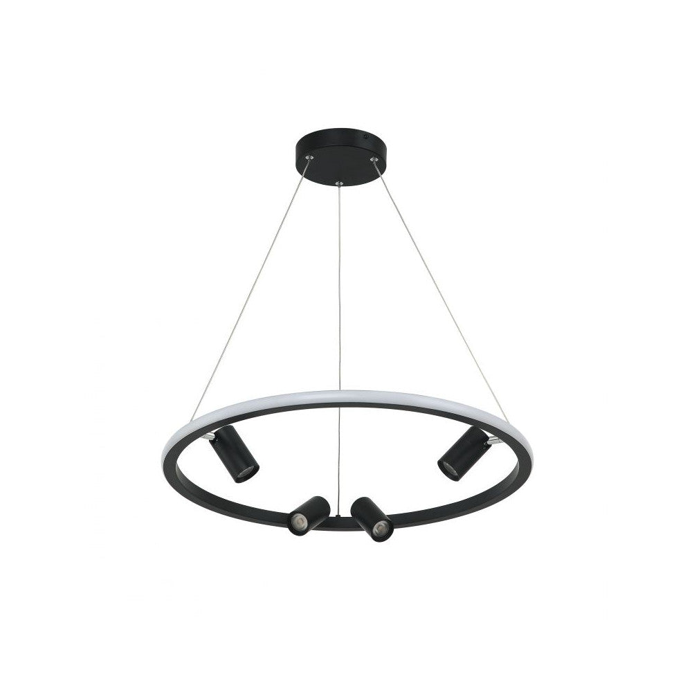 Suspension noire mate en anneau avec quatre projecteurs orientables, vue de face sur fond blanc