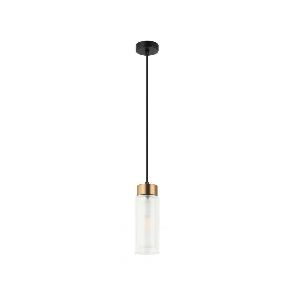 Suspension vue de face sur fond blanc, verre dépoli et capuchon laiton, éteinte.