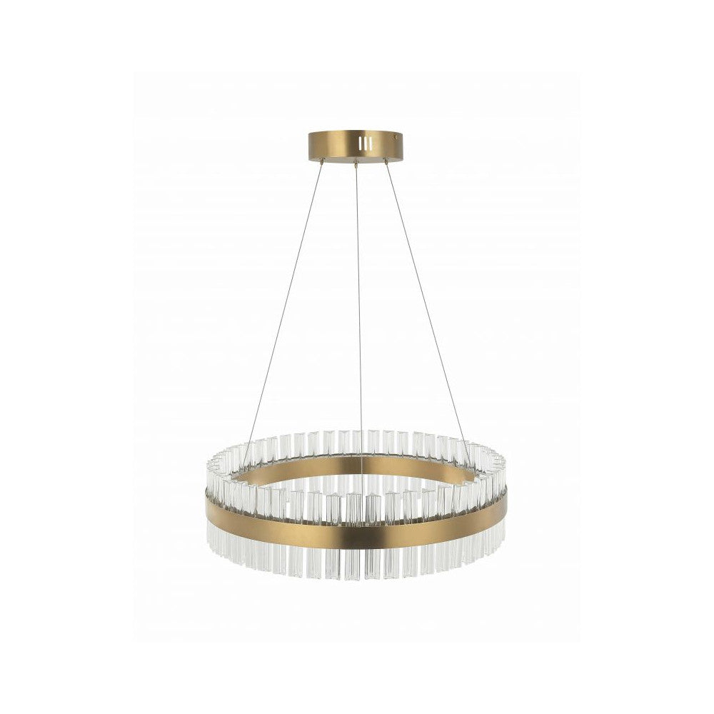 Suspension anneau doré mat et tiges de verre transparent, vue de face sur fond blanc.