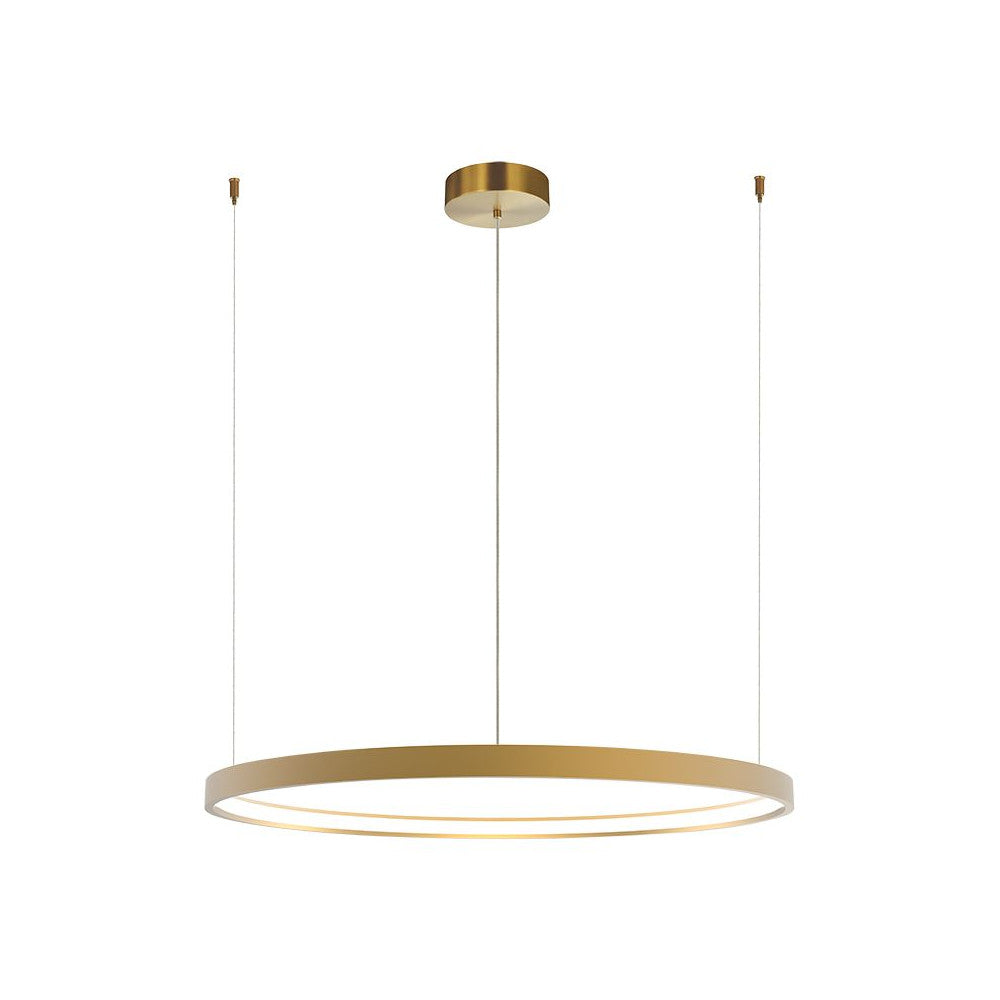 Vue de face sur fond blanc, suspension dorée en anneau lumineux avec câbles fins.