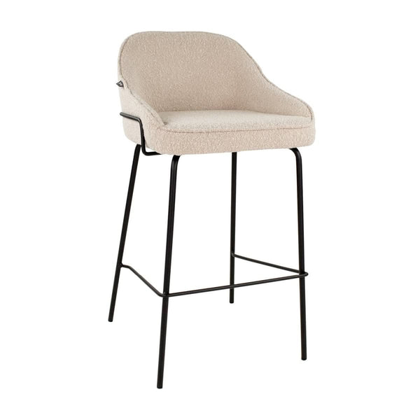Tabouret De Bar Bouclé Beige Avec Dossier Et Repose Pied Métal Noir | KARA