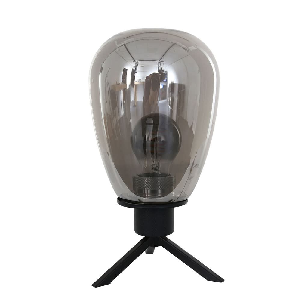 Même lampe de table vue de face, verre fumé et ampoule éteinte sur fond blanc.