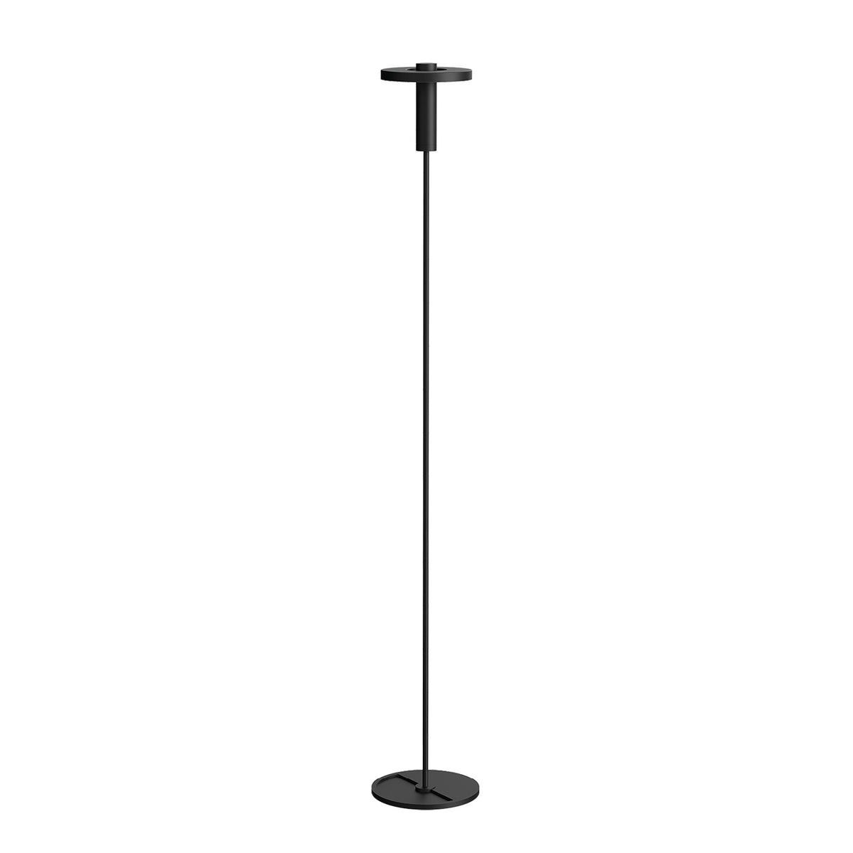 Lampadaire noir vu de face, long fût fin et disque lumineux incliné vers le bas.