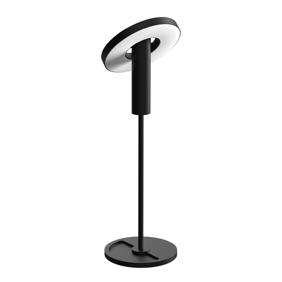 Lampe à poser noire avec disque lumineux orienté vers le bas sur fond blanc.
