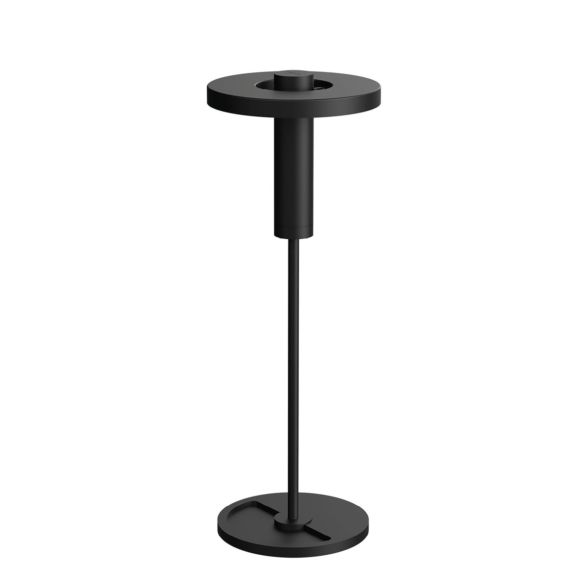 Vue du dessus de la lampe, disque noir avec bouton central et socle circulaire.