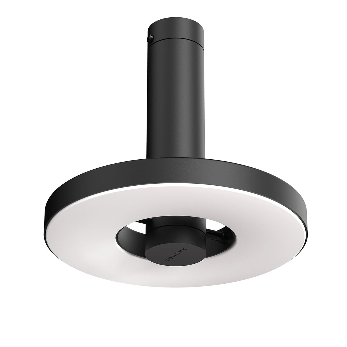 Vue de dessous du luminaire noir avec diffuseur annulaire blanc et tige cylindrique.