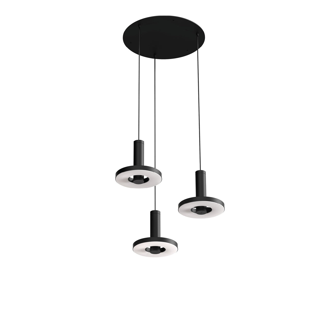 Vue des trois lumières suspendues en cercle sous une rosace noire
