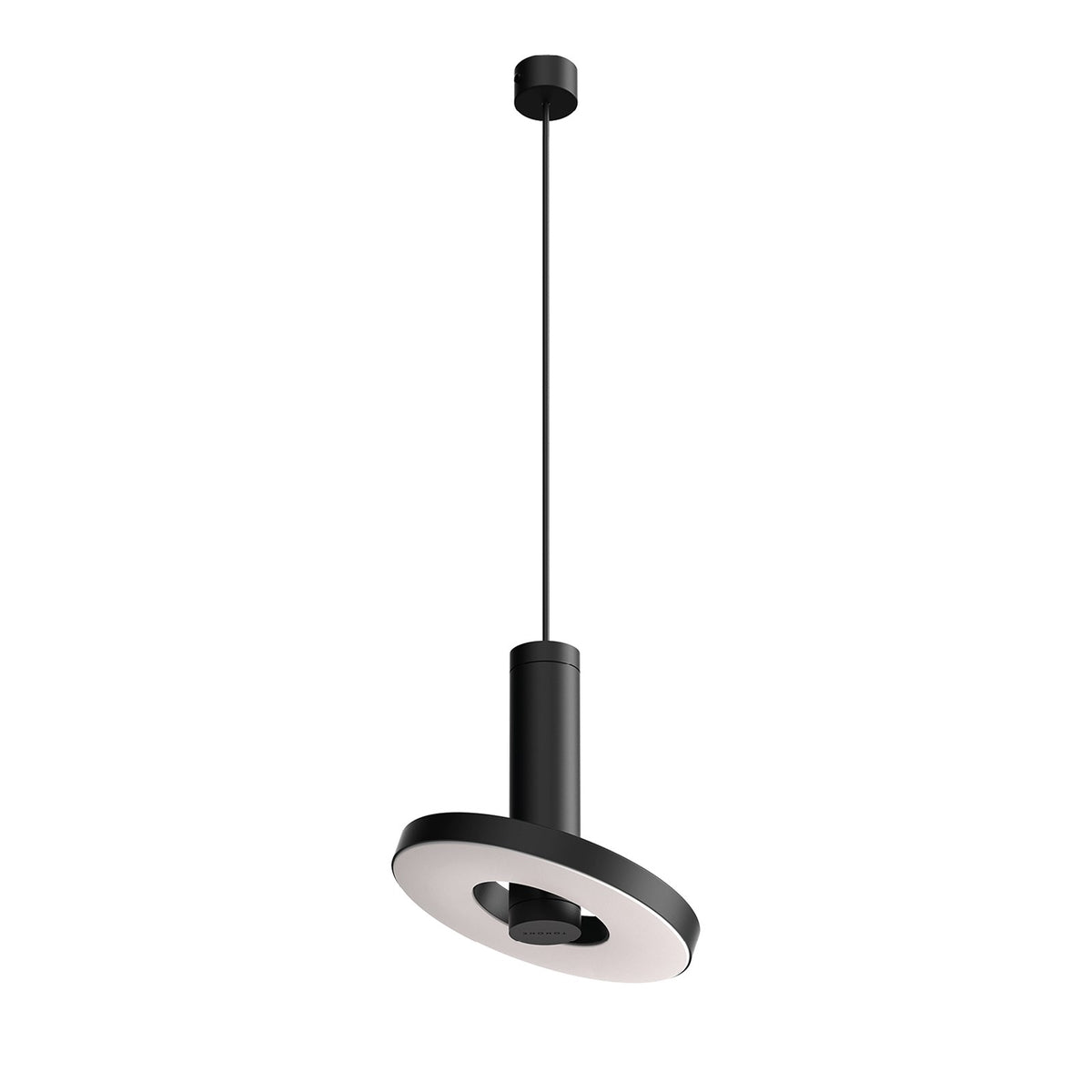Suspension noire vue de trois quarts avec disque diffuseur et tige cylindrique