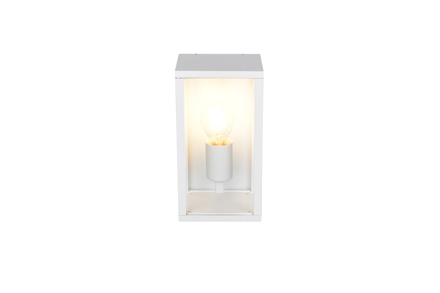 Vue en contre-plongée du luminaire vertical blanc, ampoule visible de face