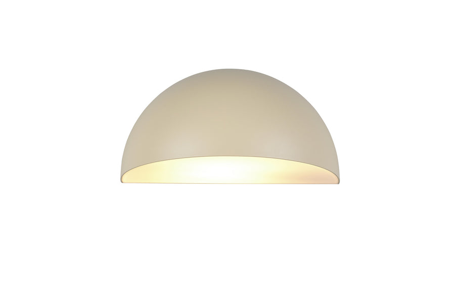 Face avant de l'applique extérieure beige, demi-sphère et halo lumineux chaud