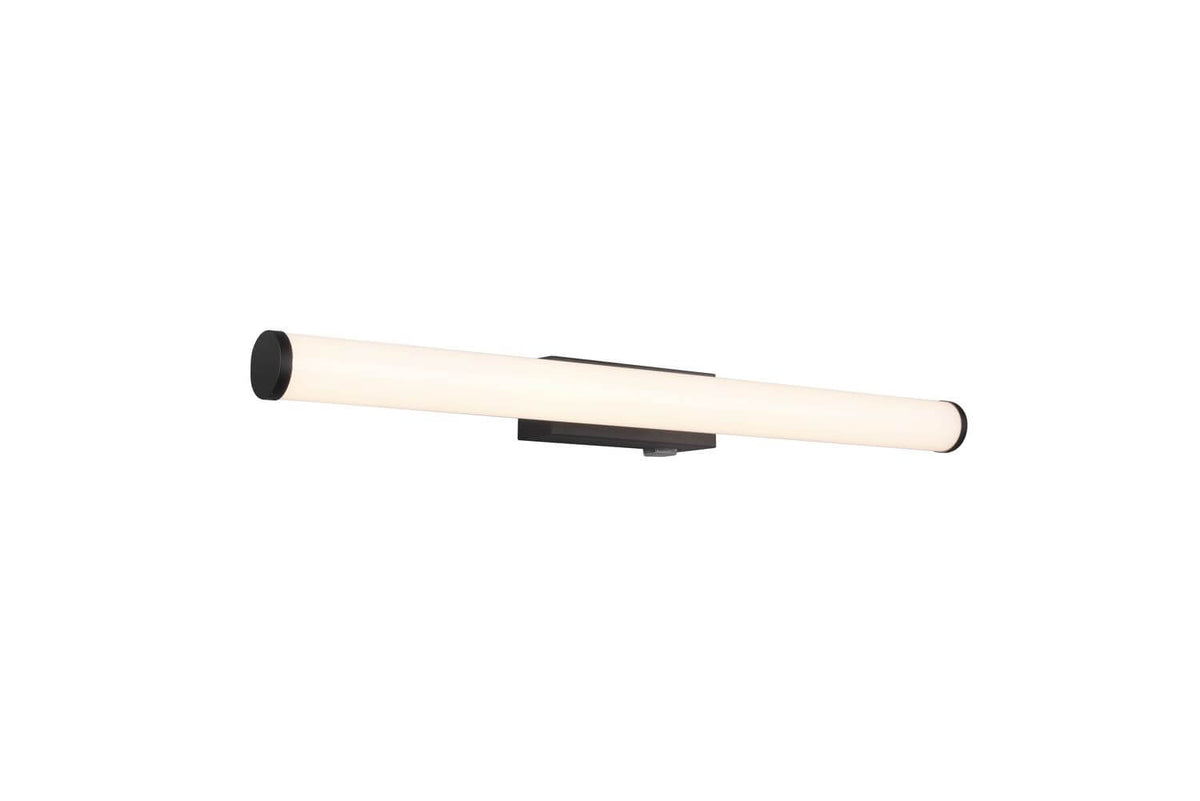 Applique murale vue de face, long tube lumineux blanc avec embouts noirs