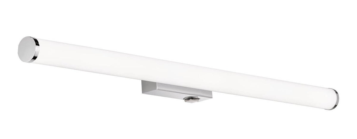 Applique murale en tube opalin blanc, embouts et support chromés, vue de face sur fond blanc