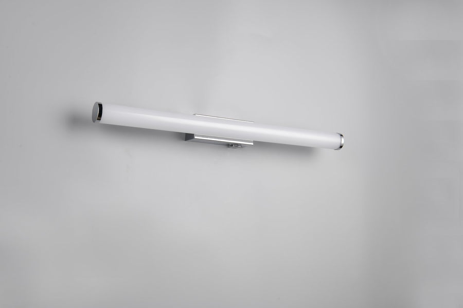 Vue en perspective montrant le tube cylindrique opalin et ses embouts chromés