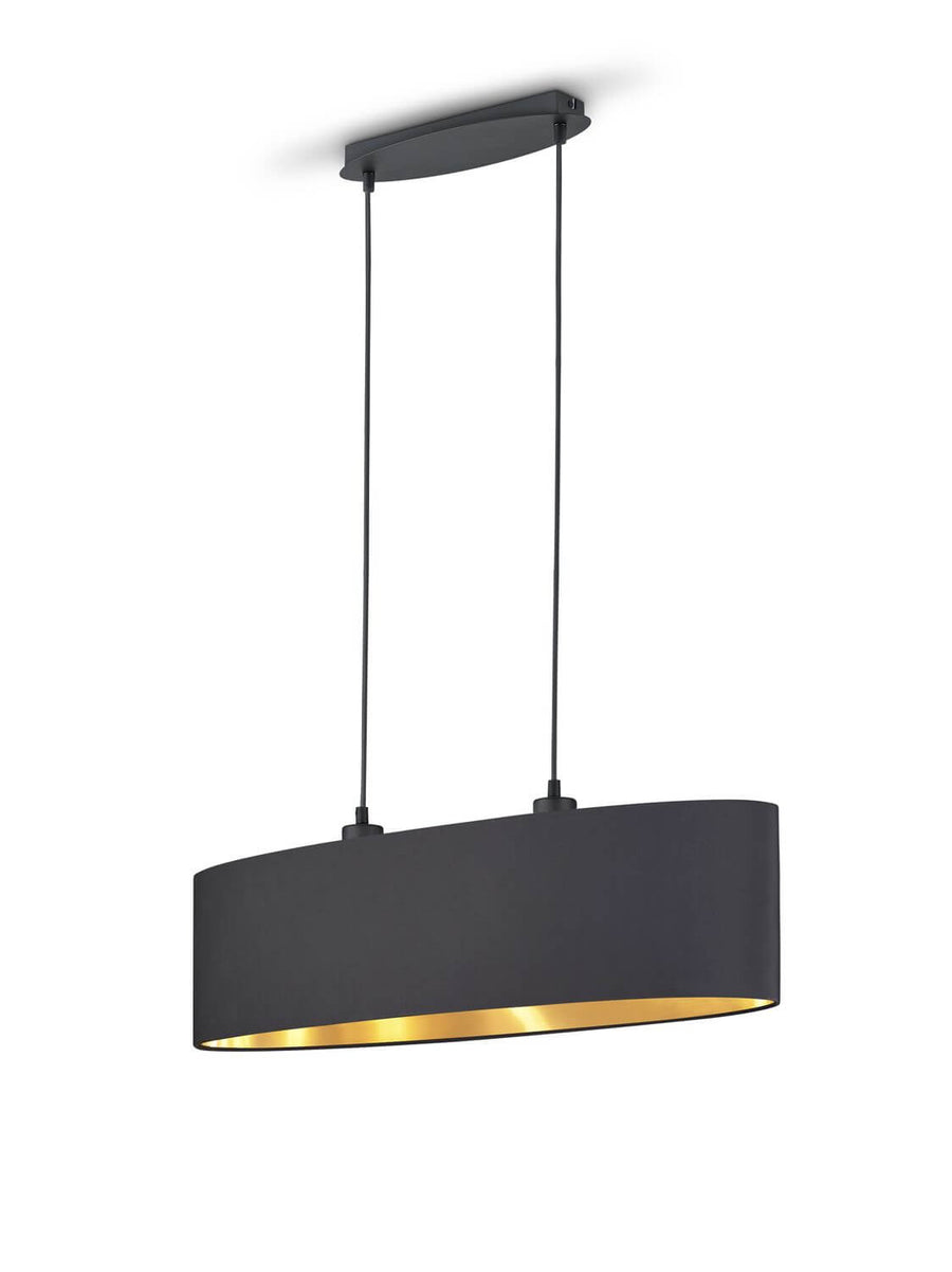 Vue produit sur fond blanc de la suspension allongée noire, détail finition et structure.