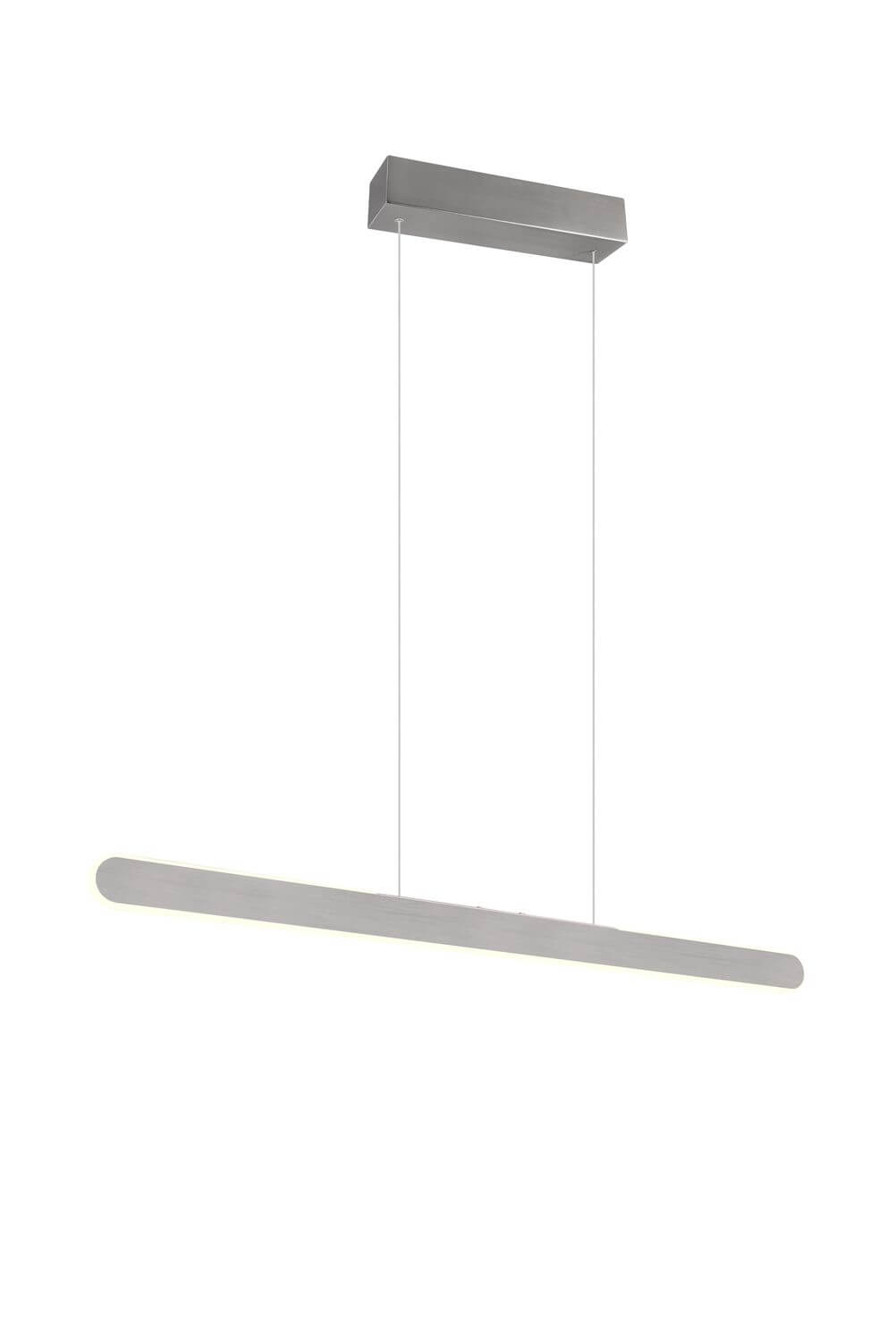 Vue de trois quarts du luminaire suspendu avec ses deux câbles fins