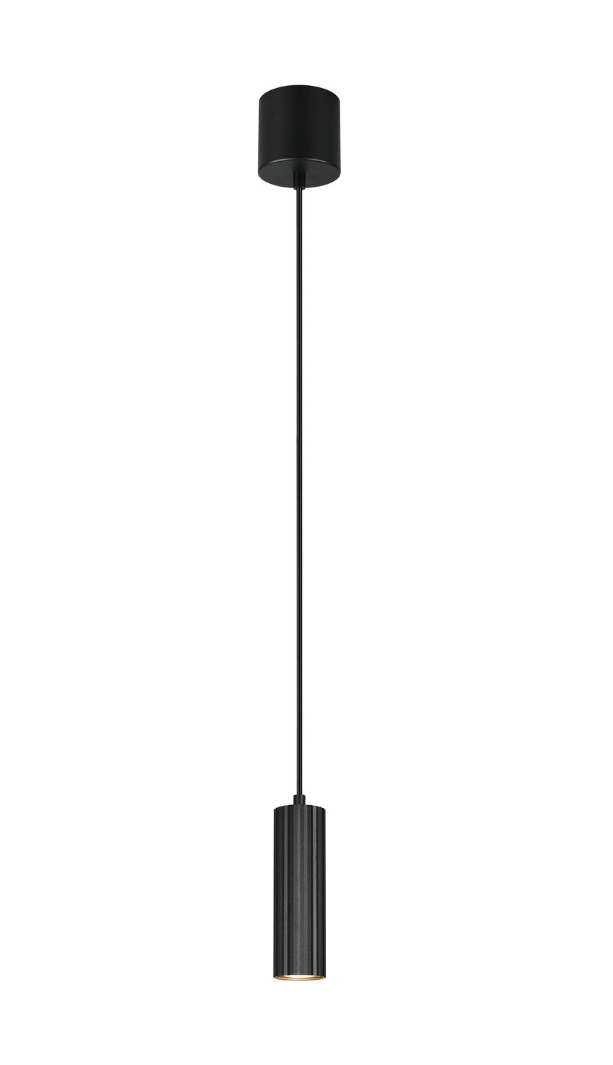 Vue d'ensemble de la suspension cylindrique noire avec rosace et câble réglable