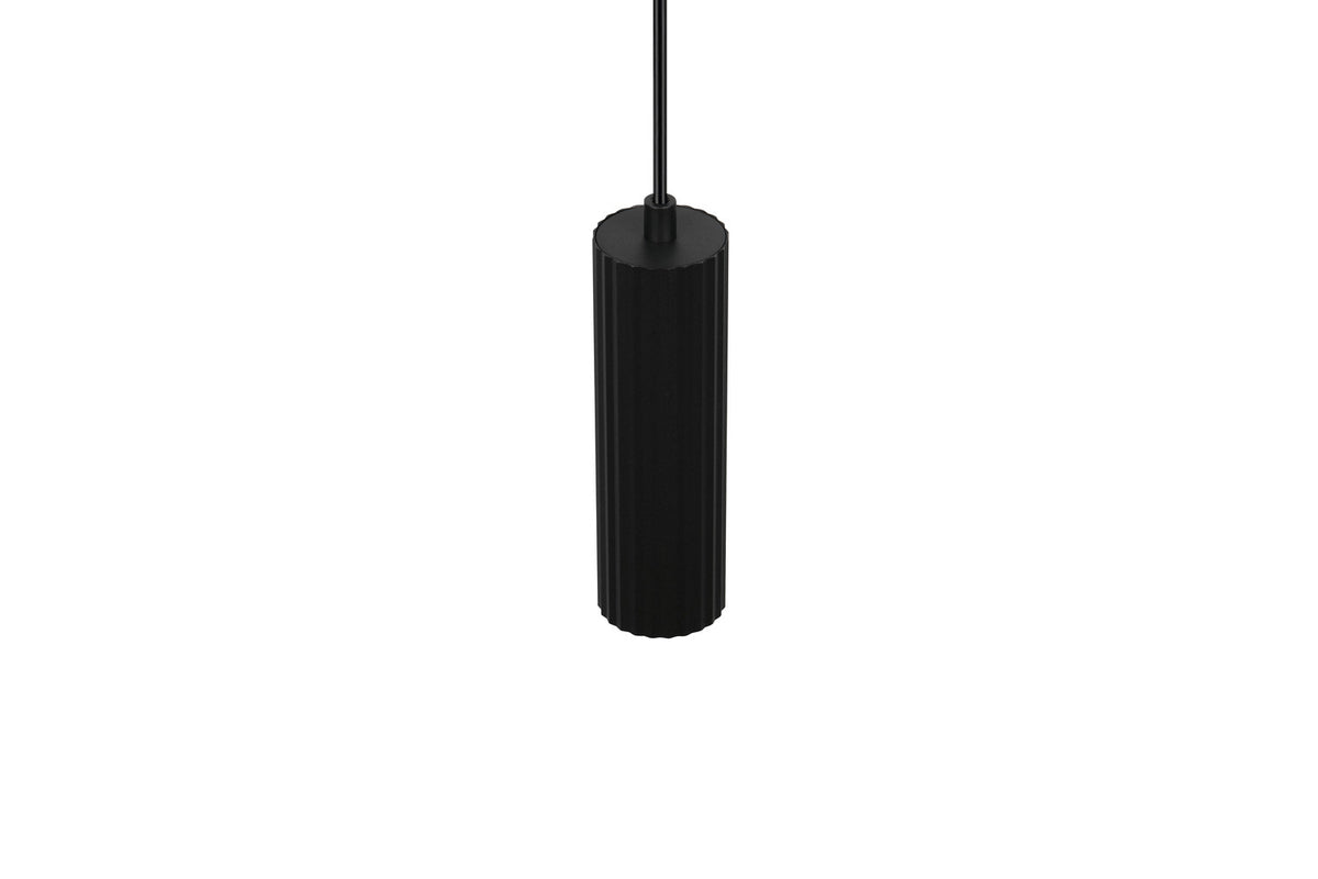 Détail du corps cylindrique noir strié verticalement, éteint, fond blanc
