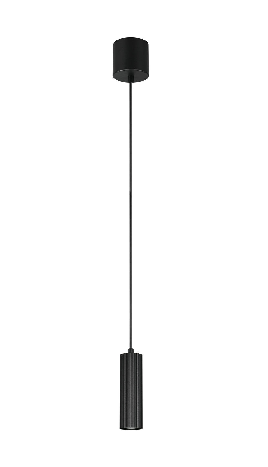 Vue en pied de la suspension noire avec câble fin et rosace cylindrique