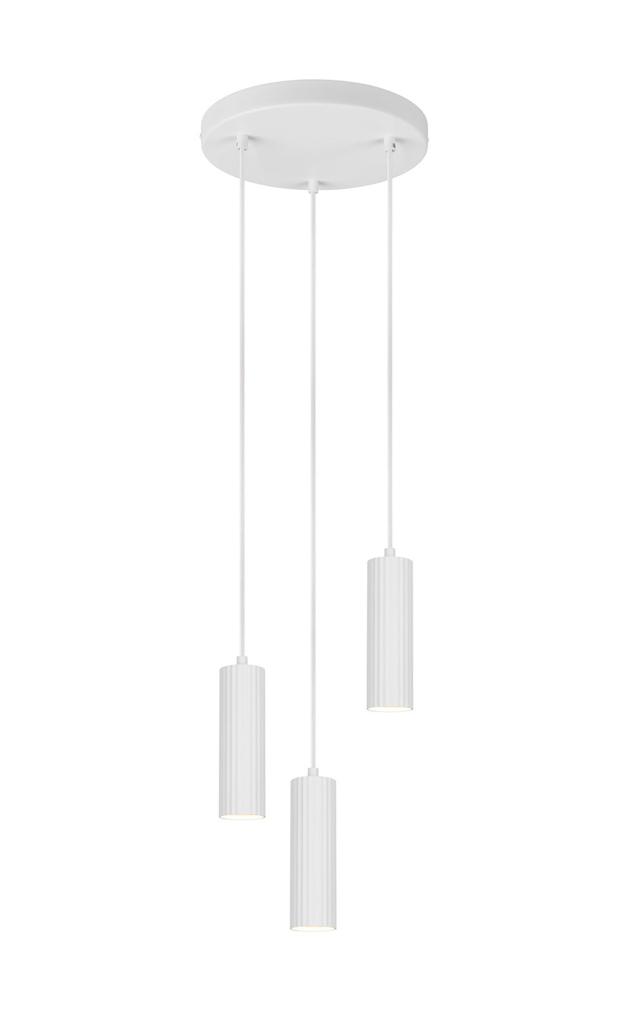 Vue d'ensemble du luminaire blanc mat, trois suspensions décalées sous la rosace