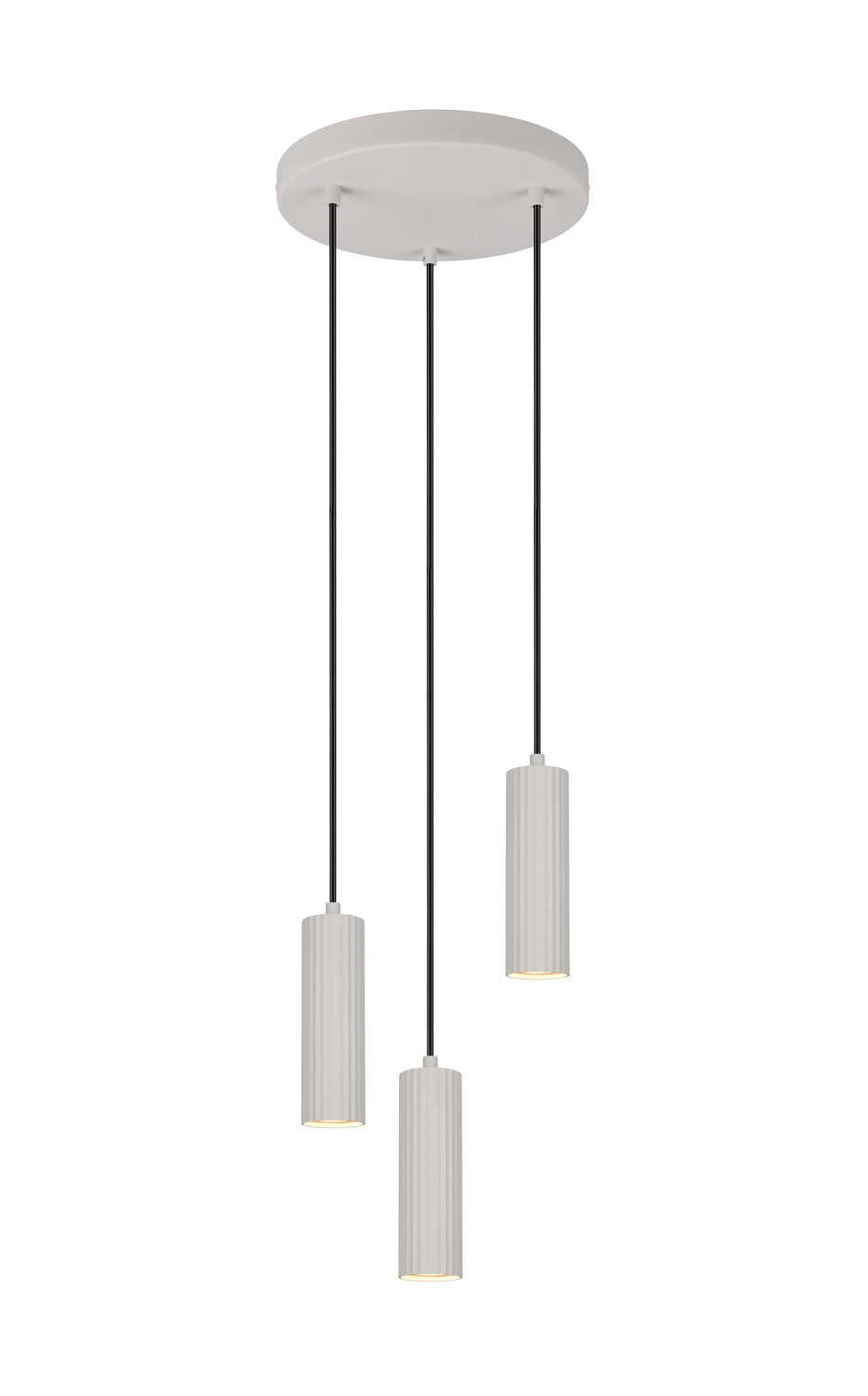 Vue verticale de la suspension avec rosace et longs câbles noirs.
