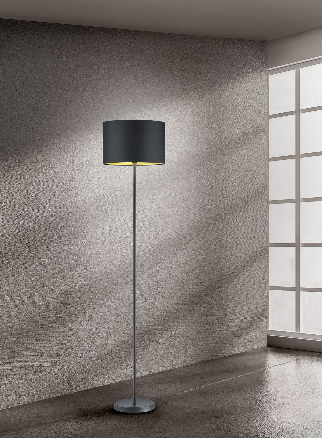 Lampadaire noir mat devant fenêtre, lumière naturelle dans pièce contemporaine.
