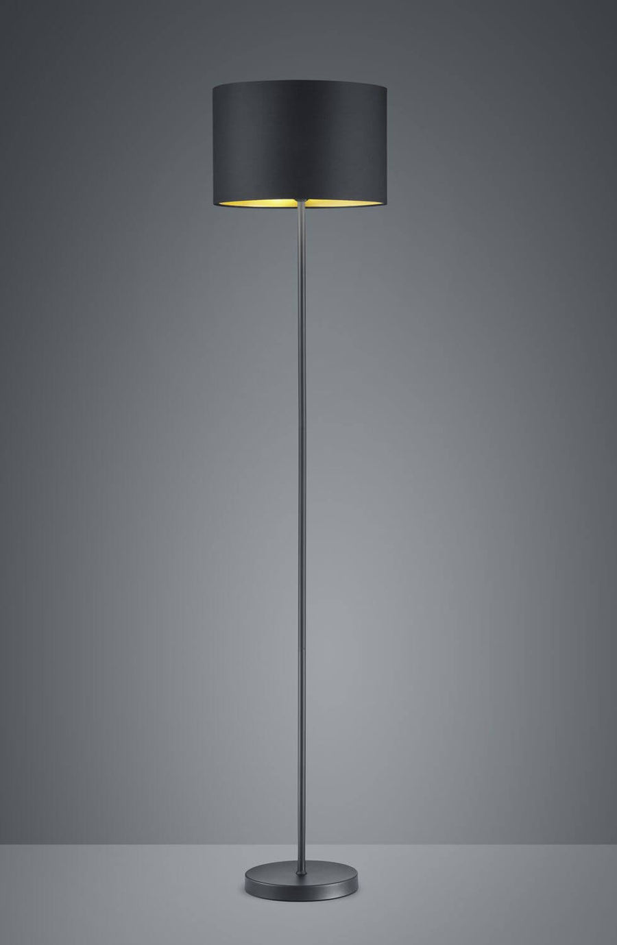 Lampadaire noir mat sur fond gris, vue de face du produit.