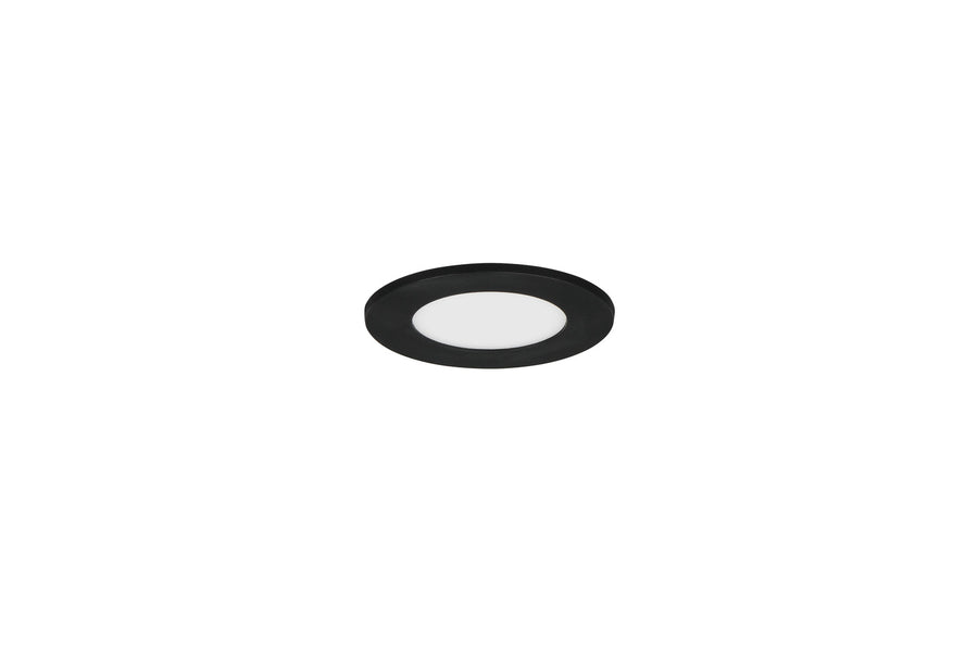 Vue de face du spot encastré, cercle noir et disque blanc central