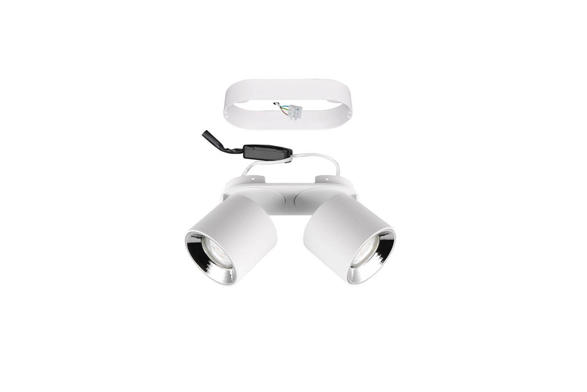Vue éclatée du plafonnier blanc montrant la platine de fixation et le câblage.