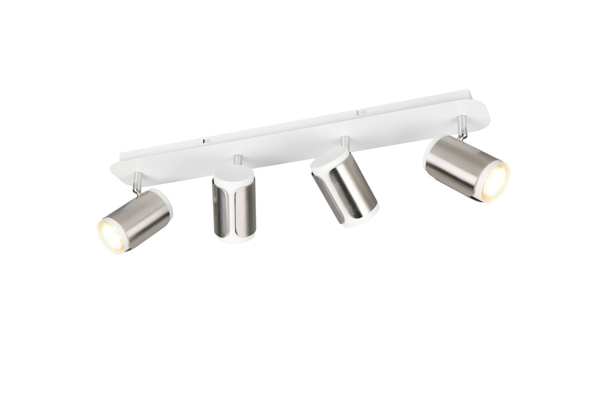 Autre angle montrant les quatre projecteurs cylindriques réglables fixés sur la barre blanche.