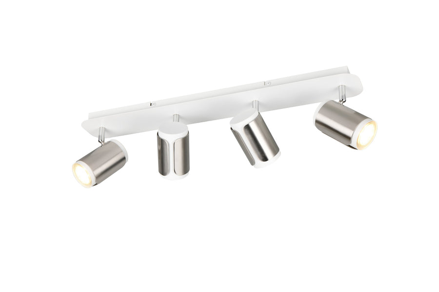 Autre angle montrant les quatre projecteurs cylindriques réglables fixés sur la barre blanche.
