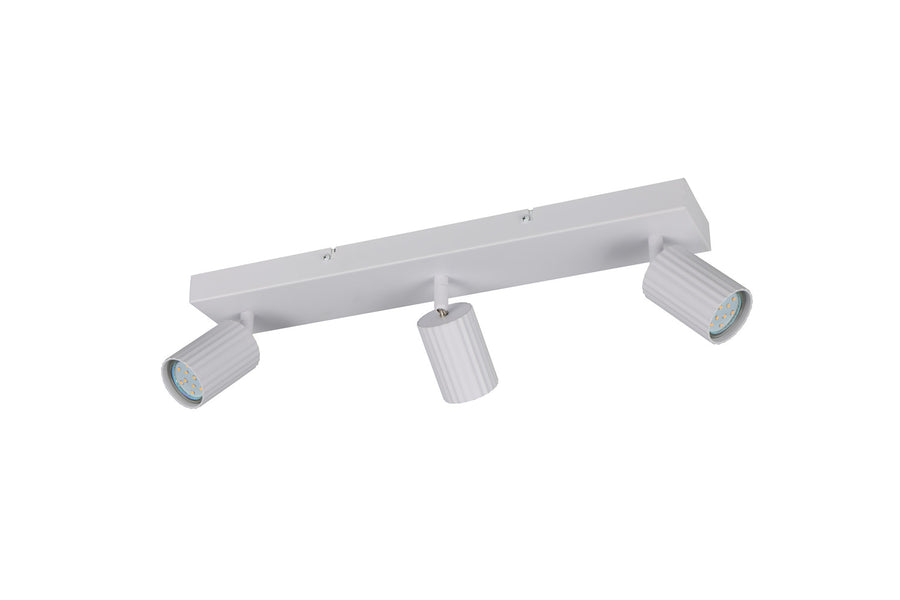 Détail des têtes cylindriques striées avec LED apparentes, luminaire plafond blanc
