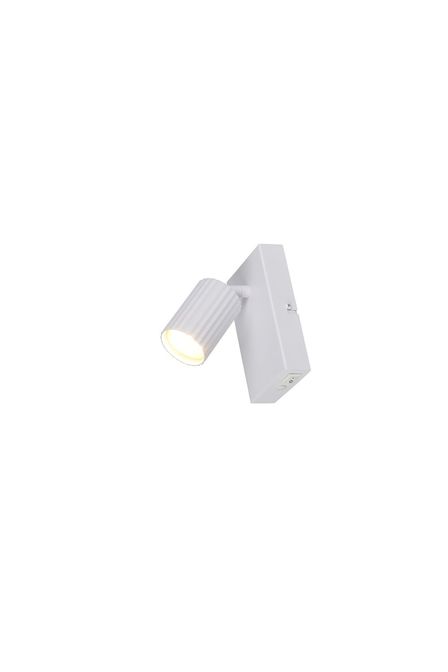 Autre angle du projecteur blanc mat, montrant la tête cannelée et son support.