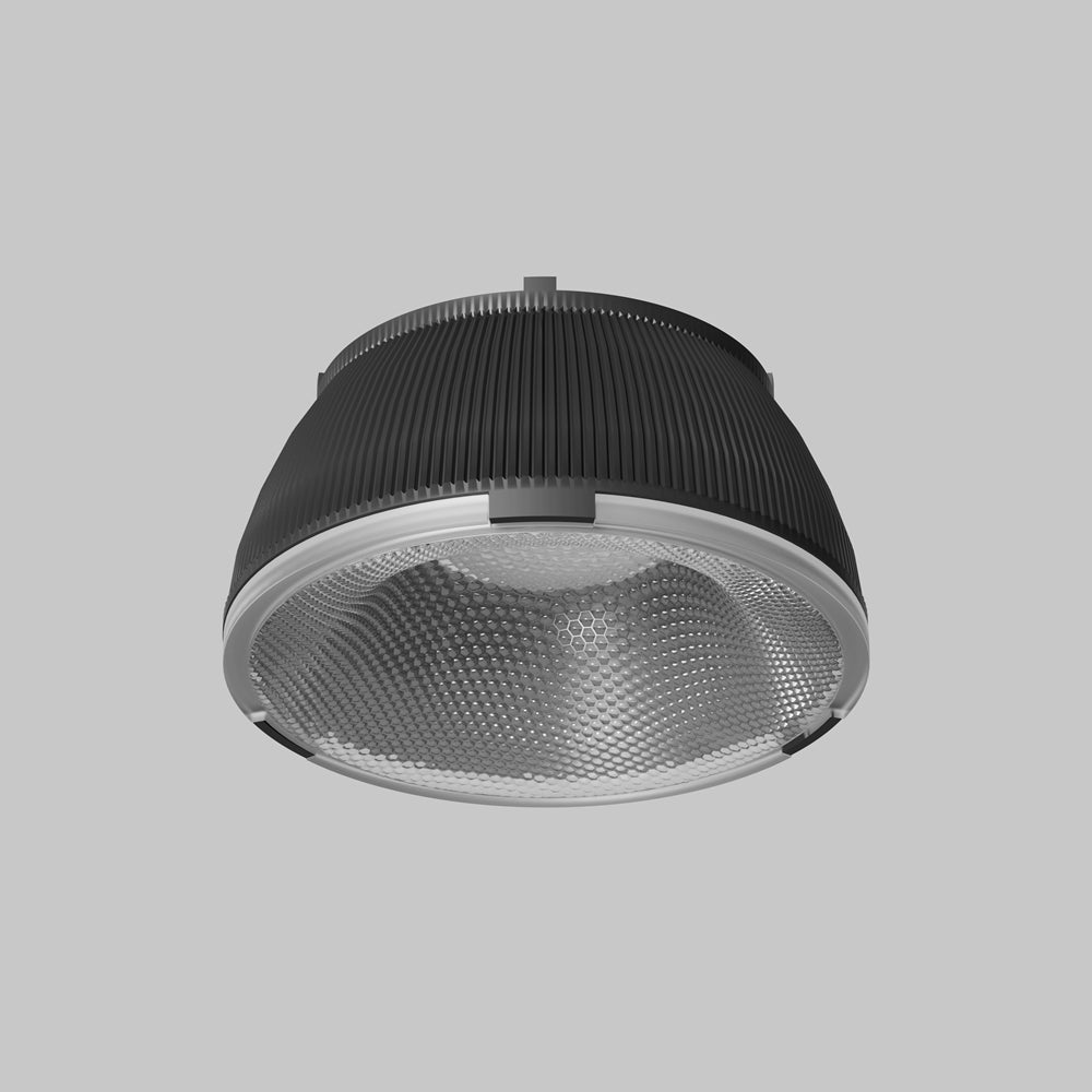 Module optique complet, dissipateur nervuré noir et réflecteur alvéolaire métallique.