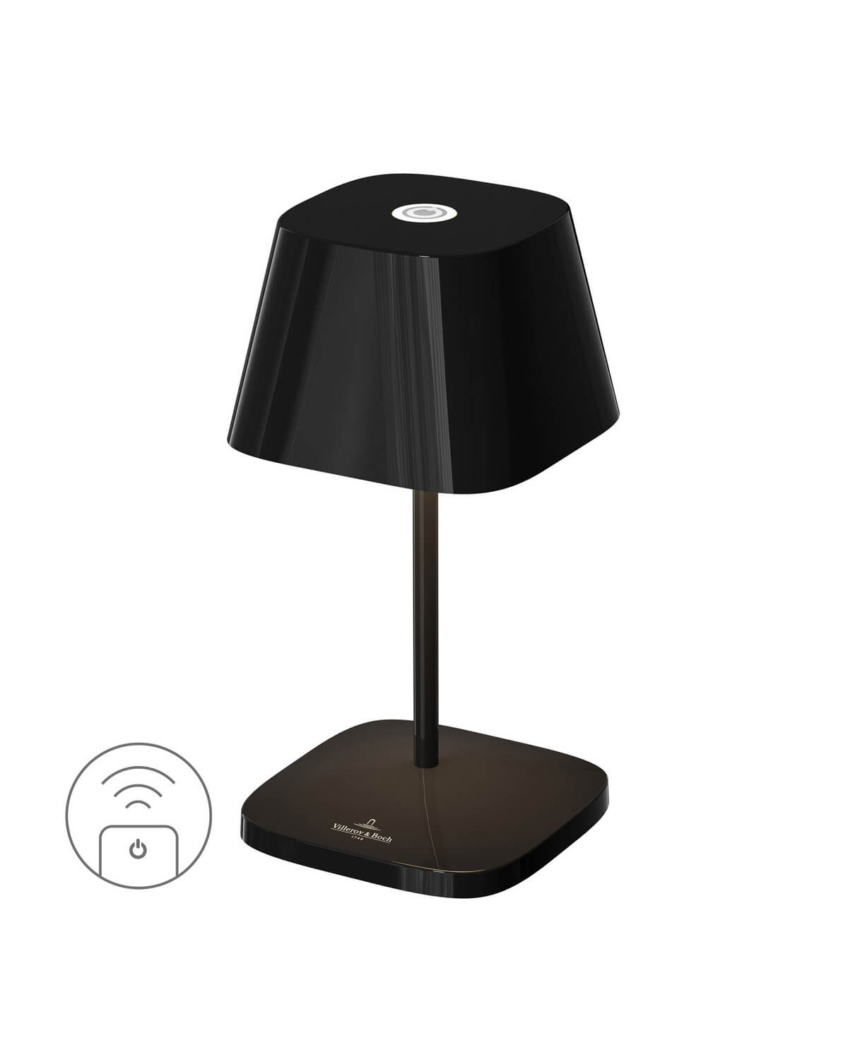 Lampe extérieure noire sans fil vue de face, abat-jour conique et socle carré